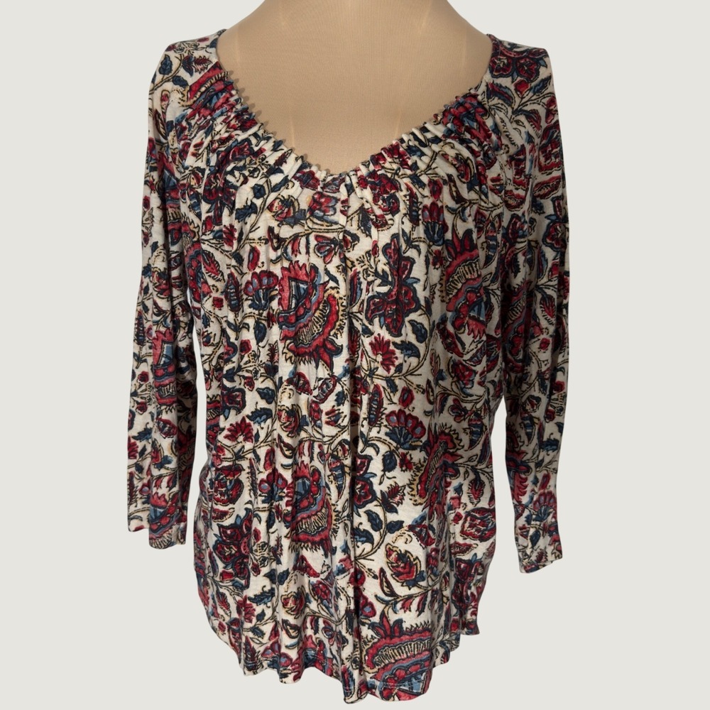 3221 | Lucky Brand Paisley Peasant Top Boho Gathered Neck 3/4 Sleeve Women M